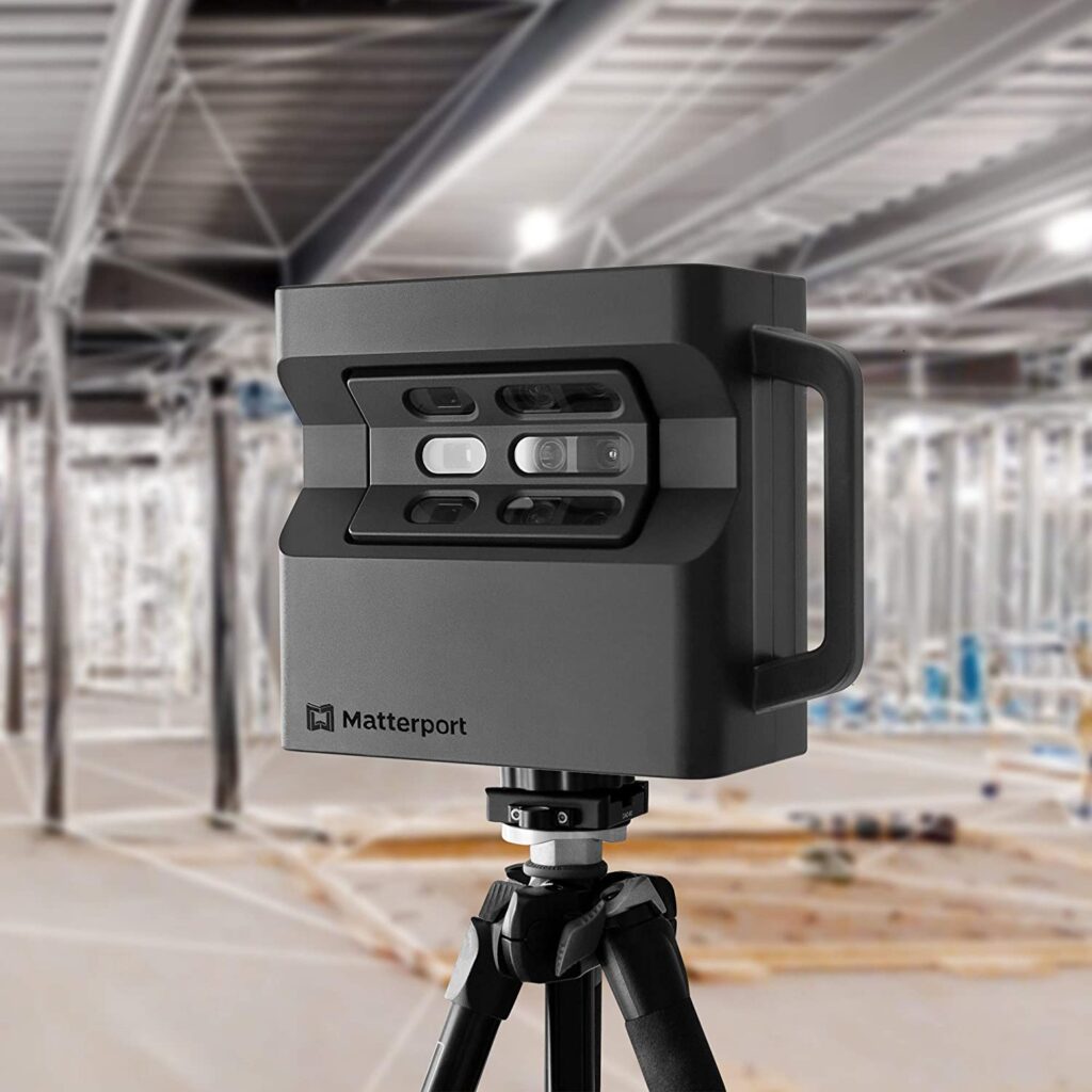 Matterport 360-degree camera on a tripod inside an unfinished building for 360-degree virtual tour services.